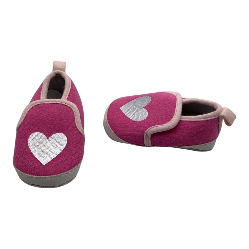 Bon‎ Bebe Baby Girl Slippers Pink W/ Silver Heart 0-9 Months Soft Sole Slip On